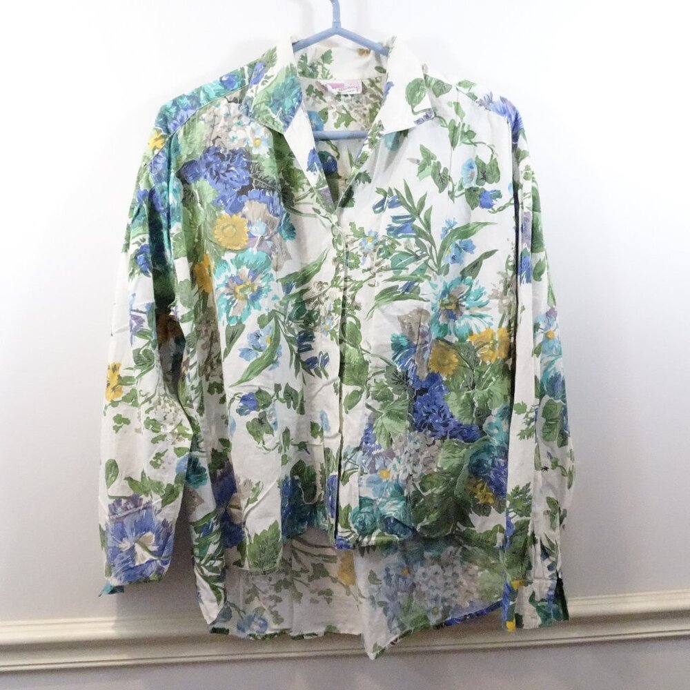 Bugatti Paris Button Front Floral Shirt Size XL Purple Green Cotton High-Low Hem